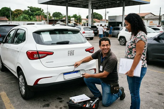 Despachante auxiliando no emplacamento de carro recém-adquirido.