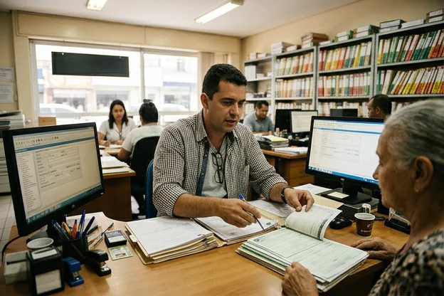Despachante trabalhando em documentação de licenciamento de veículo.